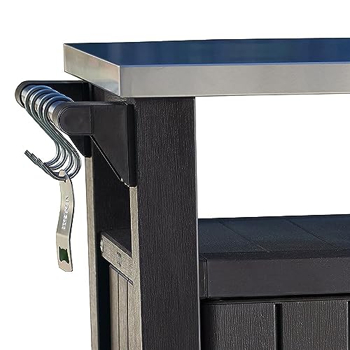 Keter Unity XL Outdoor Kitchen Island Rolling Cart Bar Table & Storage Cabinet, Grill Station with Utensil Hooks for Grilling Accessories, Brown Keter