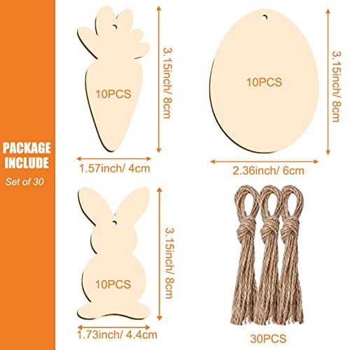 Easter Wooden Ornaments, 30 Pack Unfinished Wood Easter Egg Bunny Carrot Cutouts for DIY Crafts Easter Hanging Embellishments for Easter Party ONTODEX