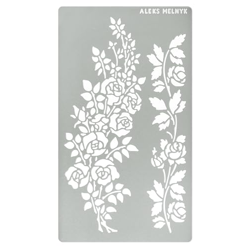 Aleks Melnyk No.269 Metal Stencil, Rose Flower Branch, Rose Vine, Swirls, Leaf Blossom, Small Stencil, 1 PC, Template for Wood Burning, Engraving, Aleks Melnyk