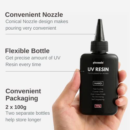 Piccassio UV Resin Clear 200g - Upgraded Hard Type UV Glue - Rapid Cure Craft Resin Using UV Light - Casting and Coating - Make DIY Crafts - Jewelry, Piccassio