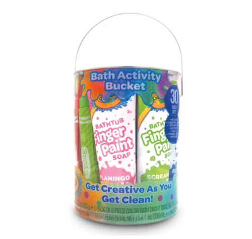 Crayola Bathtime Activity Bucket Kid's Bundle, 30-Piece Set with Bath Bombs, Colorful Finger Paint Soap Tubes, Body Wash Pens, Bath Drops, Palette, Crayola