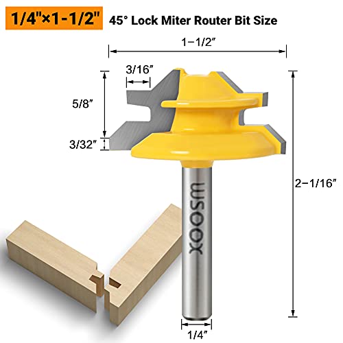WSOOX 1/4 Inch Shank 45 Degree Lock Miter Router Bit Set, 3pcs Joint Router Bits, Wood Milling Cutter Glue Joint Tools Set (for Cutting 1/2Inch, WSOOX