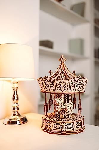 Wood Trick Parisian Carousel Wooden Music Box Kit - DIY 3D Puzzle for All Ages with Backlight Wood Trick