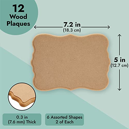 12-Pack MDF Unfinished Wood Plaques, 7.2x5 Inch Mini Boards, Rustic-Style Signs, Natural Signboards for Home Decor and DIY Projects, 6 Designs, 2 of Juvale