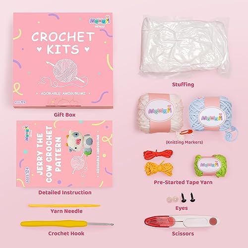 Mewaii Crochet Kit for Beginners, Complete DIY Crochet Kit Animals with 40%+ Pre-Started Tape Yarn Step-by-Step Video Tutorials for Adults and Kids Mewaii