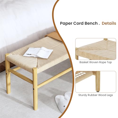 Recaceik Indoor Entryway Bench with Paper Cord Ottoman, Mid-Century Long Bench with Rubber Wood Legs, French Vanity End Bed Bench for Bedroom Living Recaceik