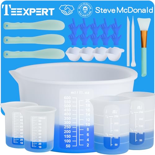 Teexpert Silicone Resin Measuring Cups Tool Kit-Reusable Resin Supplies with 100&250&600ml Measure Cups, Stirring Rods, 19.7" x 27.5"Silicone Mat for Teexpert