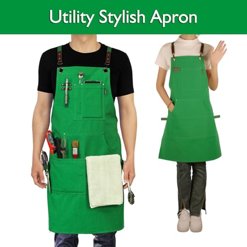 Stenffy Handmade Work Apron, Cotton Canvas, Multiple Pockets, Adjustable Cross Back Weight Apron, BBQ Cafe Kitchen Painting Carpenter Artist Apron, Stenffy