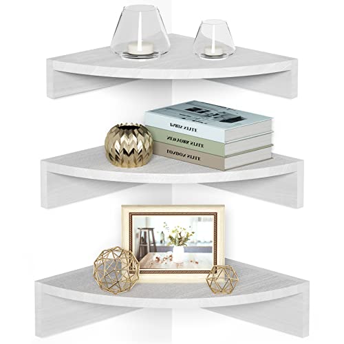 Alsonerbay White Corner Shelf Wall Mount, Set of 3 Floating Shelves for Storage and Display, Rustic Wood Shelves for Bedroom, Living Room, Bathroom, Alsonerbay
