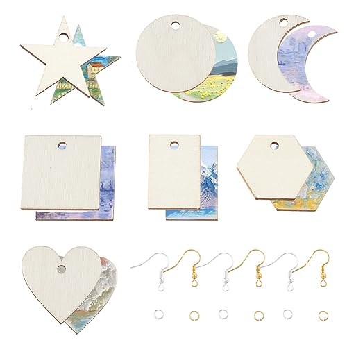 SUNNYCLUE 480Pcs Wood Charms Jump Rings Earrings Making Starter Kit Unfinished Wood Blanks Wooden Blank Charms Earring Hooks Round Pieces Square SUNNYCLUE