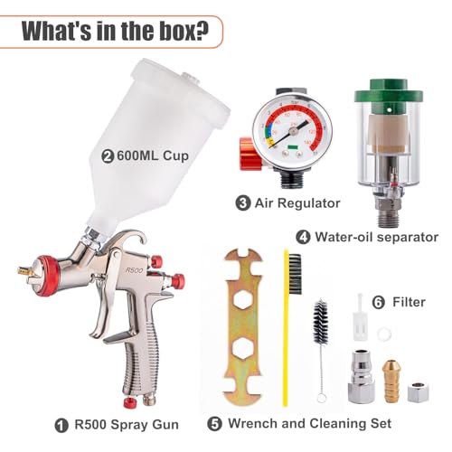 HIUHIU R500 LVLP Car Paint Spray Gun 1.3mm Nozzle, with Air Regulator and Oil-Water Separator,LVLP Automotive Air Spray Gun for Cars & House DIY HIUHIU
