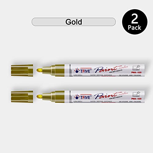 TFIVE Gold Permanent Paint Marker Pens - 2 Count Oil Based Marker Pen, Medium Tip, Waterproof & Quick Dry, for Office, Art projects, Rock Painting, TFIVE