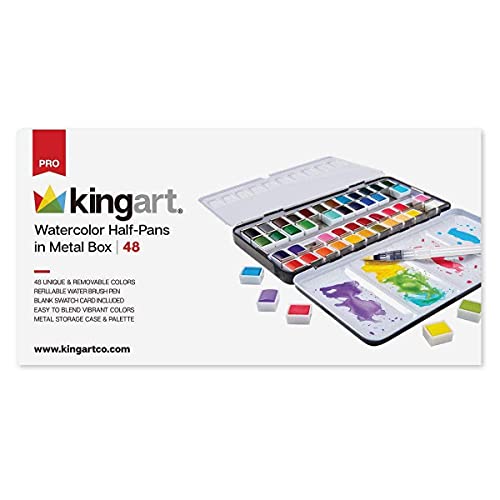 KINGART PRO Artist, Tin Box with Water Brush Watercolor Half-Pans, 48 Vibrant Colors Piece,518-48 KINGART