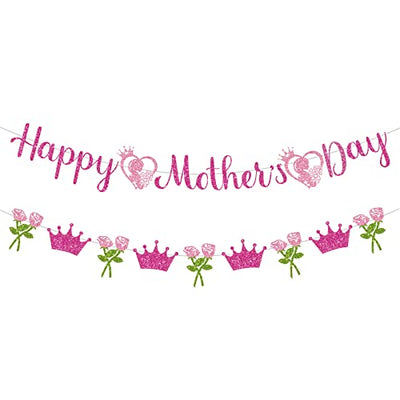Whaline 2Pcs Happy Mother's Day Banner Set Pink Glitter Heart Rose Crown Pattern for Mother's Day Party Decorations Glitter Garland Photo Backdrop