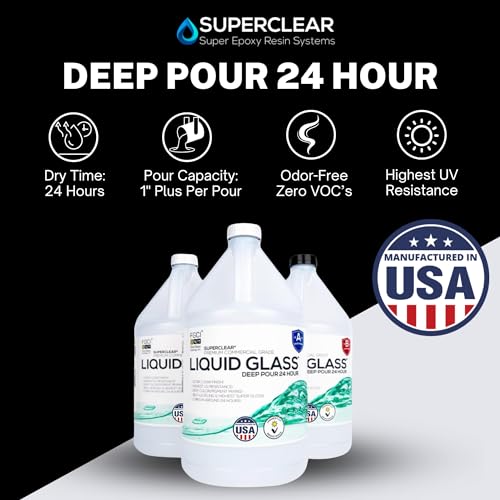 Deep Pour 24 Hour Liquid Glass® Epoxy Resin - 3 Gallon Casting Kit - Crystal Clear, Up to 1 inch deep, VOC Free, Food Grade Approved, Safe for Home FGCI