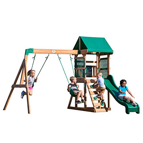 Backyard Discovery Buckley Hill Wooden Swing Set, Made for Small Yards and Younger Children, Two Belt Swings, Covered Mesh Fort with Canopy, Rock Backyard Discovery