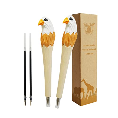 MAGIC WOOD 2PCS Wood Carved Animal Gel Pen 100% Handmade and handpaited, Cute Stationary School Supply Office Supply, Fun Pen Novelty Writing Pen,
