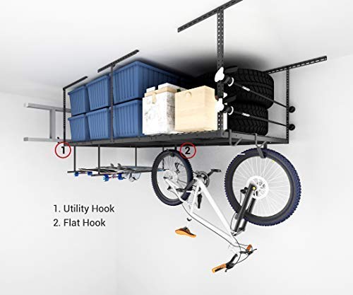 FLEXIMOUNTS 2-Piece Overhead Garage Storage Rack Set w/Hooks Adjustable Ceiling Storage Racks, 96" Length x 48" Width x 40" Height, 2 Sets, Black FLEXIMOUNTS