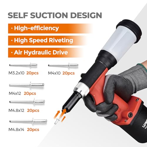 UPWOOD Pneumatic Hydraulic Pop Rivet Gun, Self-Suction Air Riveter Riveting Tool with 100 pcs Blind Rivets and 3/32" 1/8" 5/32" 3/16" Nose Pieces UPWOOD
