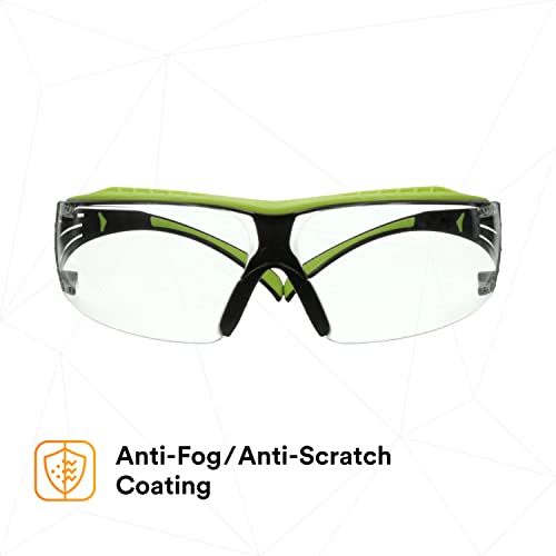 3M Safety Glasses, SecureFit 400X, ANSI Z87, Anti-Fog Anti-Scratch Clear Lens, Green and Black Frame, Brow Guard, Lightweight, Soft Nose Bridge and 3M SecureFit