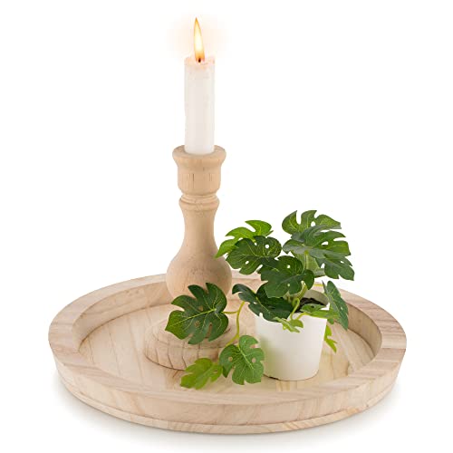 Hanobe Wood Decorative Tray - Round Unfinished Wooden Trays DIY Ottoman Serving Tray Centerpiece Candle Holder for Kitchen Countertop Crafts Art Home Hanobe