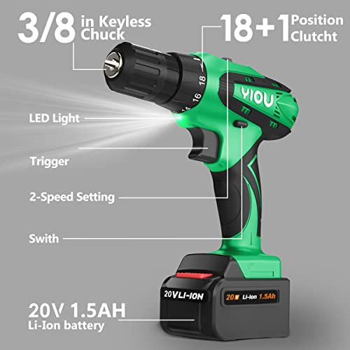 YIOU 20V MAX Cordless Drill, 18 Position Clutch Drill with 23PCS Drill Set, 3/8 Inches Keyless Chuck Power Drill and Battery Charger, Green Driller YIOU