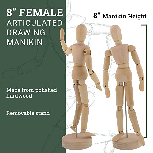US Art Supply® Wood 8" Female - Artist Drawing Manikin Articulated Mannequin with Base and Flexible Body - Perfect for Drawing The Human Figure (8" US Art Supply