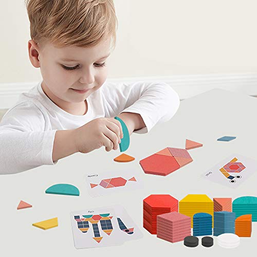 USATDD 180 Pcs Wooden Tangrams Pattern Blocks Set Geometric Manipulative Shape Puzzle Kindergarten Classic Educational Montessori Toys for Kids USATDD