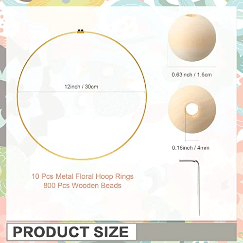 Huquary 10 Sets Wood Beads Wreath Wooden Hoops for Crafts Metal Rings for Crafts 10 Pcs 12 Inch Metal Floral Hoop Ring with 800 Pcs Wooden Beads for Huquary