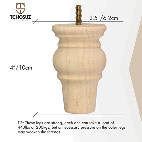 4 Inch Wooden Furniture Legs,Tchosuz Solid Unfinished Bun Feet with 5/16 inch Bolt,Modern Mid-Century Carved Sofa Couch Feet Furniture Replacement TCHOSUZ