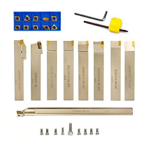 OSCARBIDE 3/4”Shank 9 Pieces/Set Indexable Nickel Plated Lathe Turning Tool Holder and Boring Bar,CNC Heavy Duty for Turning Grooving Threading Cut OSCARBIDE