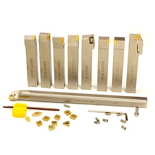 OSCARBIDE 3/4”Shank 9 Pieces/Set Indexable Nickel Plated Lathe Turning Tool Holder and Boring Bar,CNC Heavy Duty for Turning Grooving Threading Cut OSCARBIDE