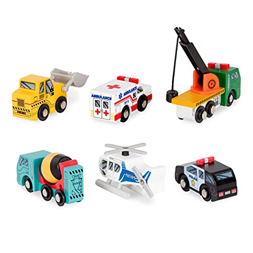 Battat – Wood Cars For Kids – 6Pc Toy Vehicle Set – Mini Rescue & Construction Vehicles – Toddler Truck Toys – 3 Years + – Wooden Vehicles Set 1 Battat