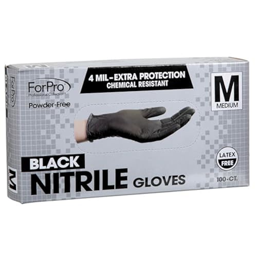 ForPro Disposable Nitrile Gloves, Chemical Resistant, Powder-Free, Latex-Free, Non-Sterile, Food Safe, 4 Mil, Black, Medium, 100-Count ForPro Professional Collection