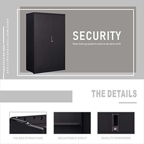 GREATMEET Locking Metal Storage Cabinet with 2 Adjustable Shelves, Office Cabinet with Storage Shelves and Double Doors, 42”H Steel Cabinet for GREATMEET