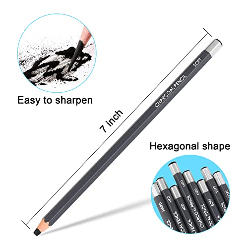 Sunshilor Professional Charcoal Pencils Drawing Set - 12 Pieces Soft Medium and Hard Charcoal Pencils for Drawing, Sketching, Shading, Artist Pencils Sunshilor