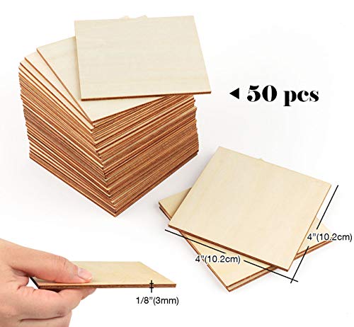 ilauke Unfinished Wood Pieces 50 Pcs 4 Inch Wood Square Blank Natural Wood Slices Wooden Squares Cutouts for Crafts Wood Burning Painting Staining ilauke