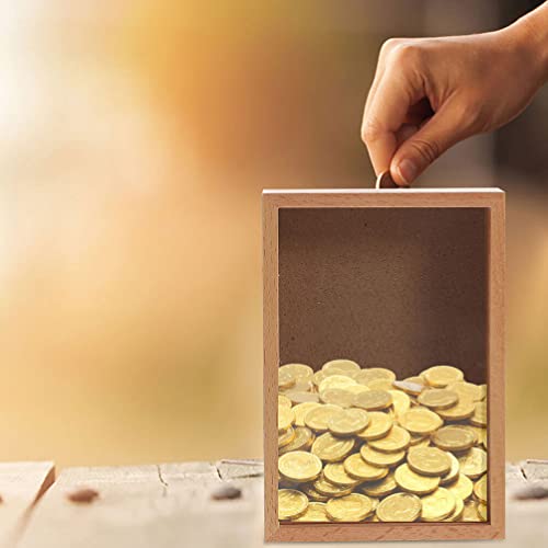 Zerodeko Unfinished Piggy Bank Money Box Wooden Tips Box Clear Piggy Banks Shadow Box Display Case Money Bank Wood Frame Coin Box Cash Storage Zerodeko