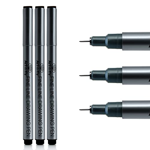 Art-n-Fly Ultra Fine Tip 003 Black Inking Pens 3 Pack with Waterproof Archival Ink Pen Fineliner - No Bleed Fine Point Pens for Bullet Journaling, Art-n-Fly
