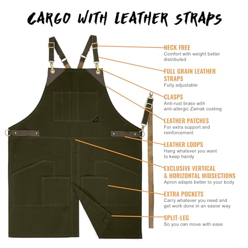 Under NY Sky Cargo Green Apron – Cross-Back with Leather Straps, Heavy-Duty Waxed Canvas and Split-Leg – Adjustable for Men and Women – Pro Under NY Sky