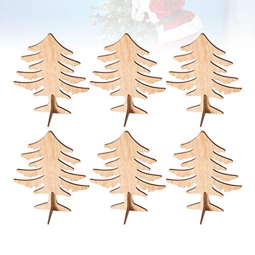 Amosfun 6pcs Wooden Christmas Tree Crafts 3D Unfinished Natural Wood Cutouts Sculpture Tabletop Xmas Tree Ornament for Cabinet Bookshelf Party Decor Amosfun