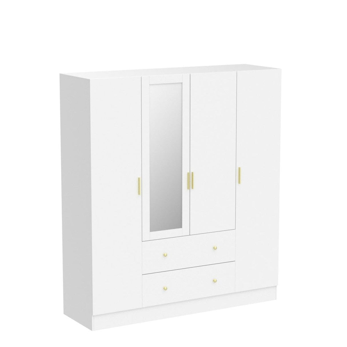 ECACAD Wardrobe Armoire with Mirror, 5-Tier Shelves, 2 Drawers, 2 Hanging Rods and 4 Doors, Wooden Closet Storage Cabinet for Bedroom, White (63”W x ECACAD