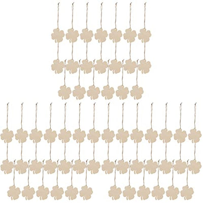 60Pcs Unfinished Wooden Shamrock Ornaments DIY Wood Shamrock Clover Cutouts Hanging Ornaments with Ropes Gift Tags for St Patricks Day Tree Table