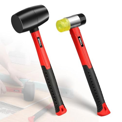SHALL 2-Piece Rubber Mallet Hammer Set, 16oz Rubber Hammer Mallet & 40mm Double-Faced Soft Mallet, Shockproof Fiberglass Handle with Cushion Grip,