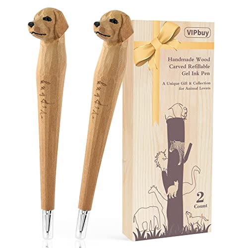 VIPbuy 2 Count 100% Handmade Wood Carved Gel Ink Pens -Novelty Refillable Writing Pens Office School Supplies Birthday Christmas Gift, Labrador