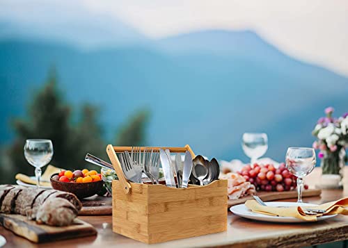 RoyalHouse Natural Bamboo Utensil Holder And Organizer For Kitchen Countertop, Bamboo Picnic Basket With Folding Handle for Camping Trip RoyalHouse