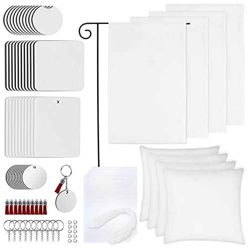 Ainiv 89PCS Sublimation Blanks Products Set, Sublimation Blank Car Coaster, Keychain with Tassel, Pillow Covers, Garden Flags, Air Freshener Sheets Ainiv