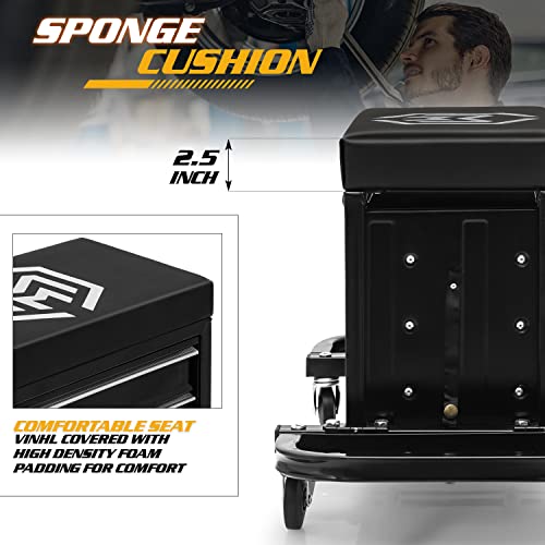 Magshion Rolling Stool with 3-Drawer Toolbox Padded Mechanic Stool Creeper Seat with Foldable Tool Tray 350 lbs Capacity Garage Workshop Stool Magshion