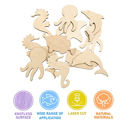 PLYDOLEX 24 Pieces Unfinished Wooden Cutouts Sea Animals Cutouts - 6 Shapes of Fish Cutouts: Wooden Stars, Dolphin Cutout, Octopus Cutout and Others Plydolex