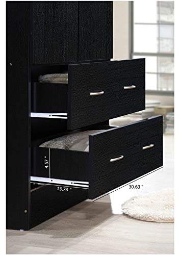 HODEDAH 2 Door Wood Wardrobe Bedroom Closet with Clothing Rod inside Cabinet and 2 Drawers for Storage, Black Hodedah
